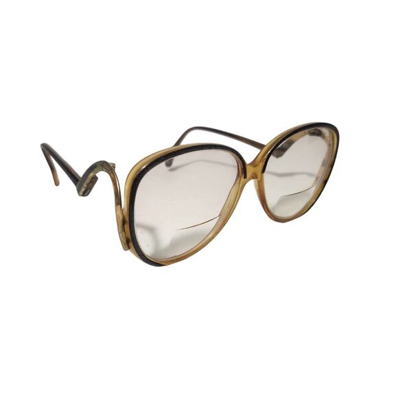 Vintage 70s 80s Drop Arm Eyeglasses Frames Oversized Plastic Gold Hipster Nerd - Picture 1 of 6
